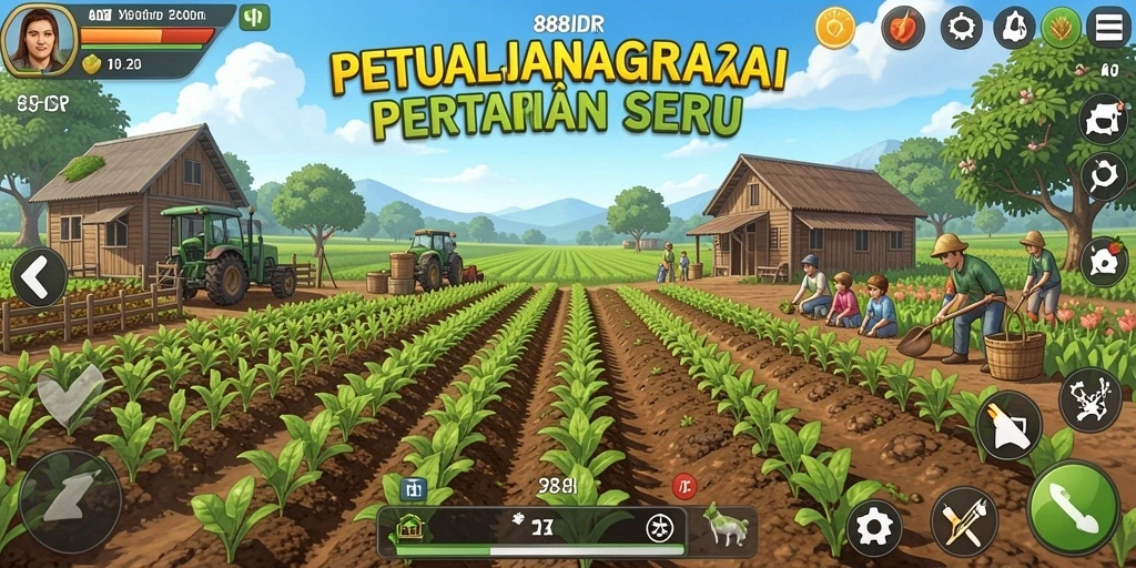 Screenshot utama menunjukkan gameplay 888IDR dengan pertanian yang subur.