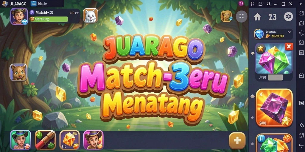 Tampilan gameplay seru JUARAGO dengan elemen Match-3 yang berwarna-warni.