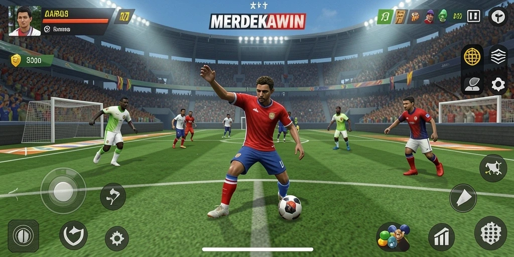Screenshot menampilkan pertandingan seru dalam game olahraga MERDEKAWIN.