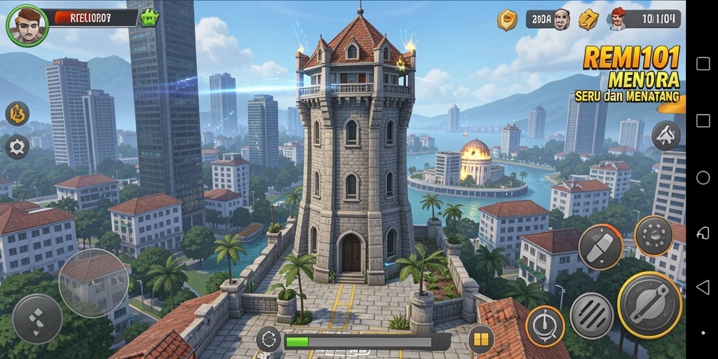 Tampilan gameplay menegangkan dalam REMI101 dengan menara yang strategis.