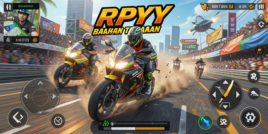 Screenshot menampilkan aksi balapan motor yang intens dan penuh kecepatan.